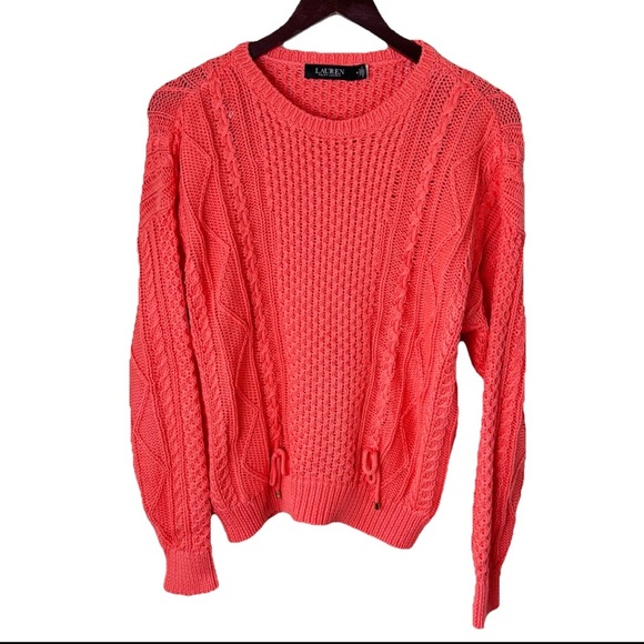 Ralph Lauren Black Label Cable Knit Sweater Coral Women’s Sz Medium 100% Cotton - Picture 1 of 6